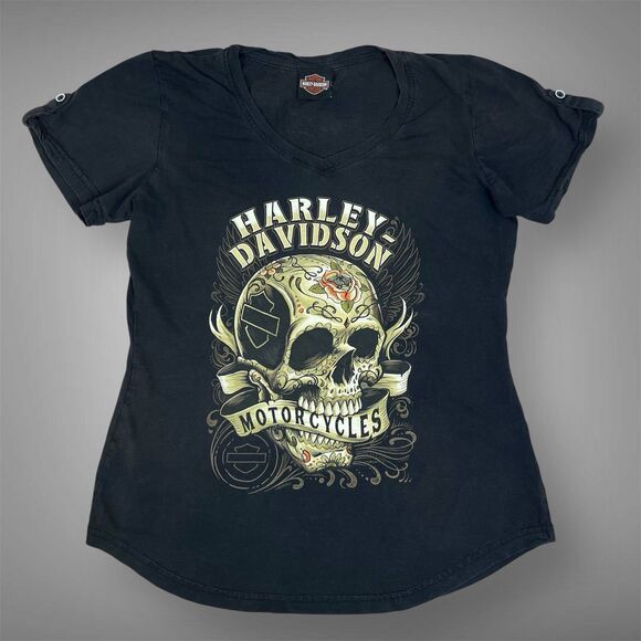 VTG Harley Davidson JAMAICA Womens Medium Black Tee Shirt Motorcycle Skull Rose - Picture 1 of 16